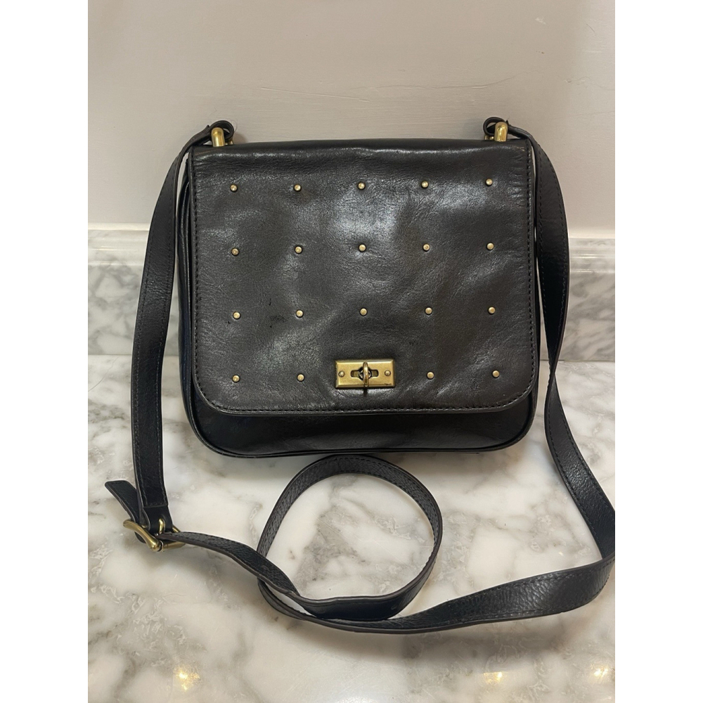 Fossil Crossbody Leather Black Purse Gold /Brass Studded Accents Y2K Adjustable